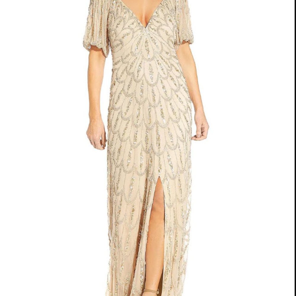 NWT Aidan  Mattox V Neck Puff Sleeve Gown Light Gold Size 14